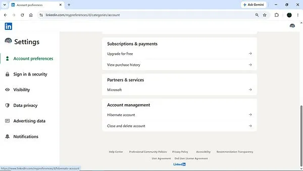 Click Close and delete account under Account Management.