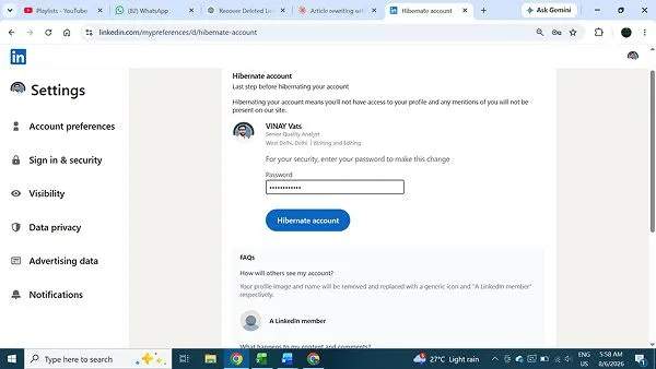 Enter your account password and click Hibernate account