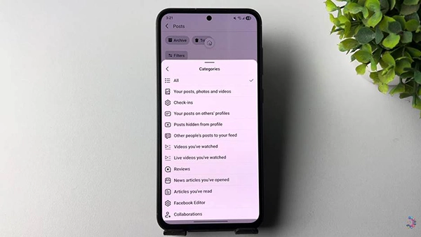 Facebook Categories menu showing Posts, Photos and Videos.
