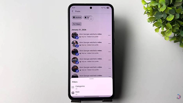 Facebook Filters menu showing the Categories option.