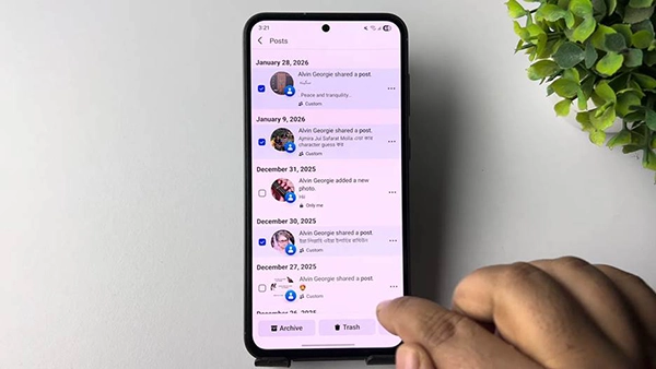 Facebook Manage posts screen with multiple photos selected and the Recycle Bin button visible.