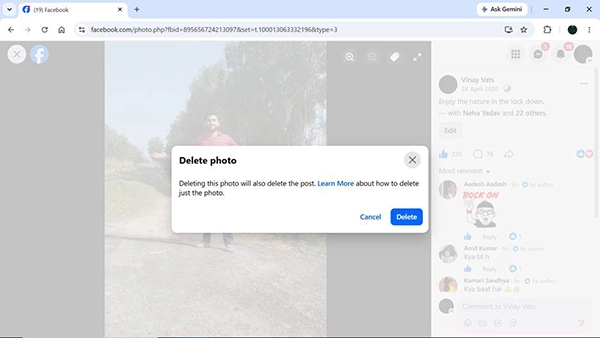 Facebook confirmation window asking to delete the photo.