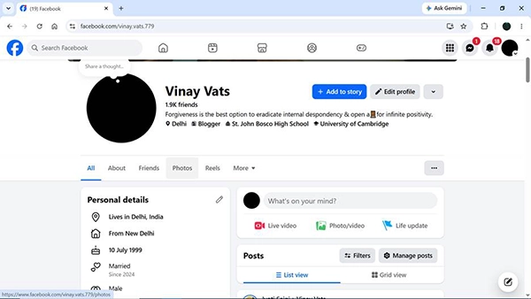 Facebook interface showing photos option under the bio.
