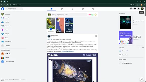 Facebook log in desktop interface