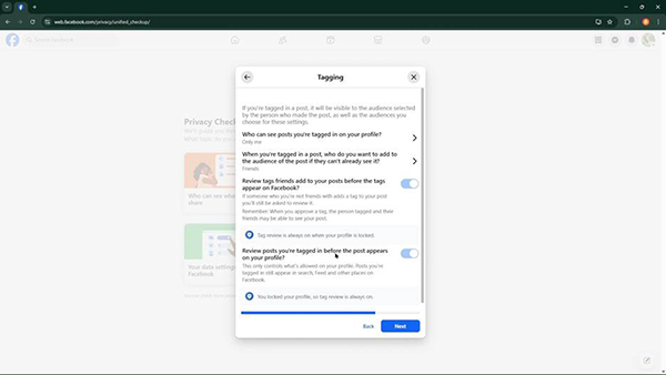 Facebook managing tagging settings