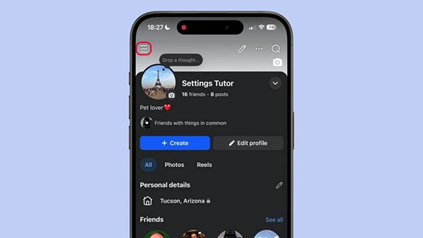 Facebook showing profile menu