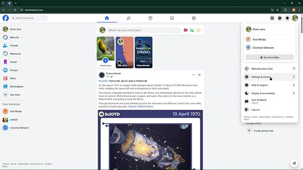Facebook showing profile menus