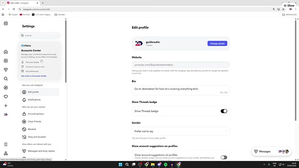  Instagram Edit profile options.