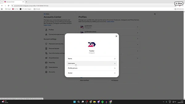 Instagram desktop screen for changing username
