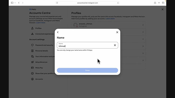 Instagram desktop screen for name box.