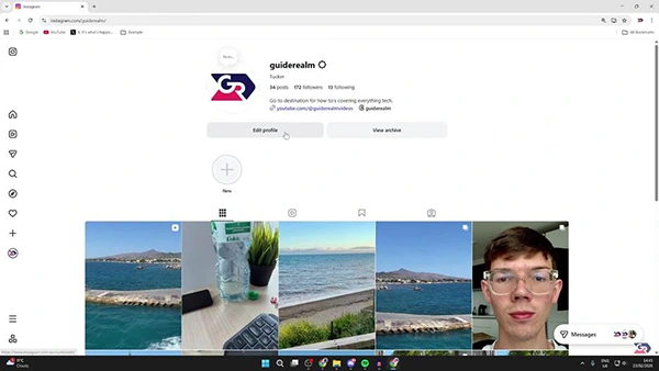 Instagram profile options on a desktop screen.