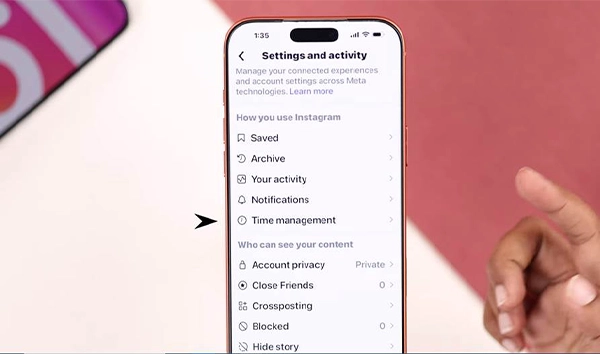 Instagram setting and activity menus