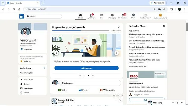 Log in to your LinkedIn account on a desktop browser and then click the Me icon at the top right.