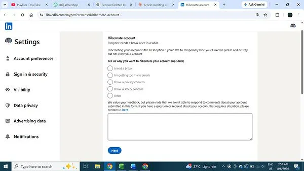 Select the reason why you are taking a break and then click Next
