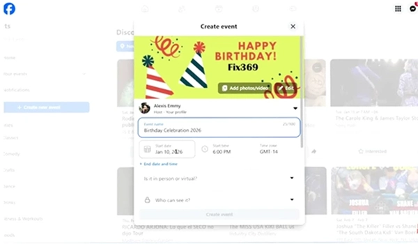 Type the event name, date, time, and region.