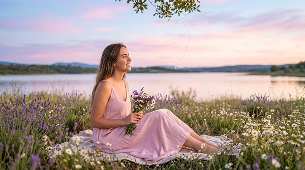 An Instagram photo showing a beautiful girl in a pink dress around flowers.
