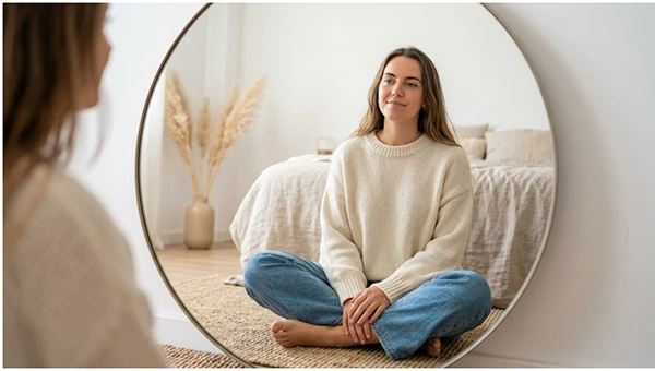 An Instagram photo showing a calm girl sitting in front of a mirror.