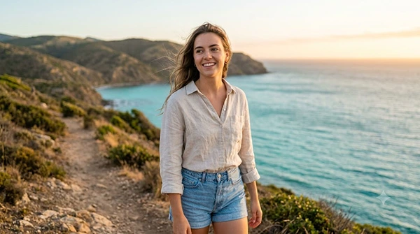 An Instagram photo showing a happy and excited girl at sea shore.