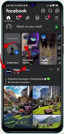 Facebook highlighting create story option.