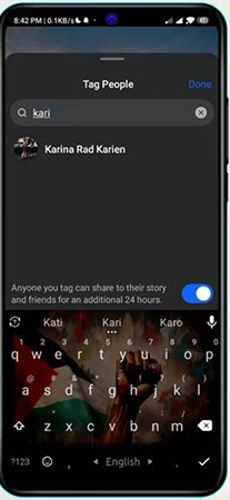 Facebook showing a name comes up for being tagged.