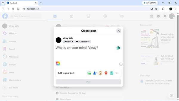 Facebook showing create post menu on a desktop broswer.