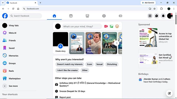 Facebook showing desktop log in.