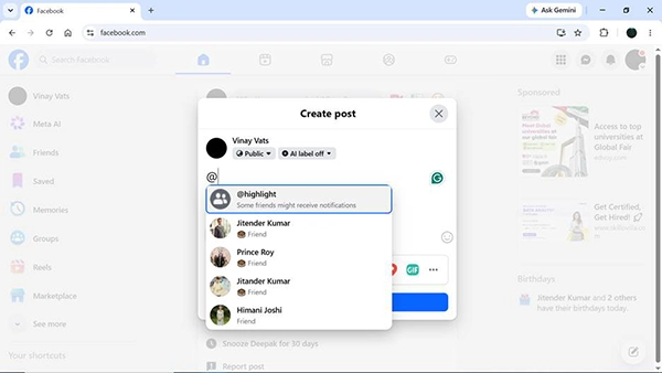 Facebook showing multiple profiles but choose the right one.