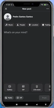 Facebook showing new post menu.