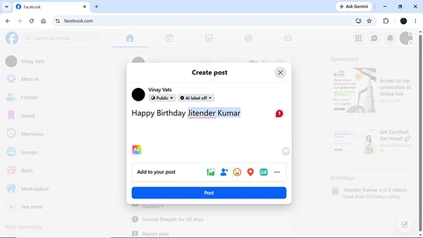 Facebook showing tagging user completion.