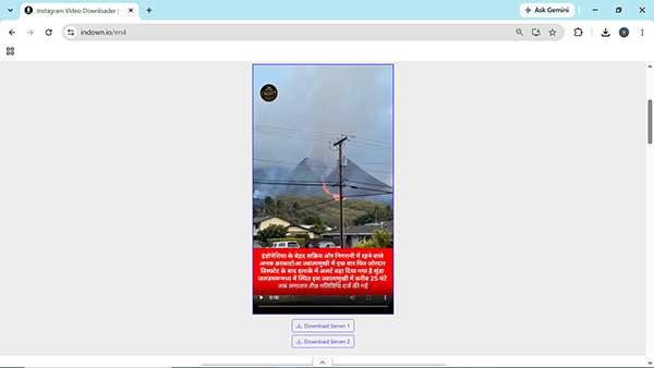 Indown showing Reel thumbnail and server options to download.
