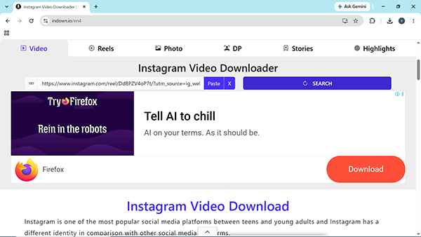 Indown showing an Instagram link pasted.