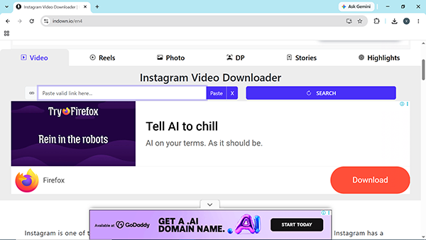Indown showing interface.
