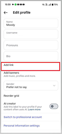 Instagram showing Edit profile optionss