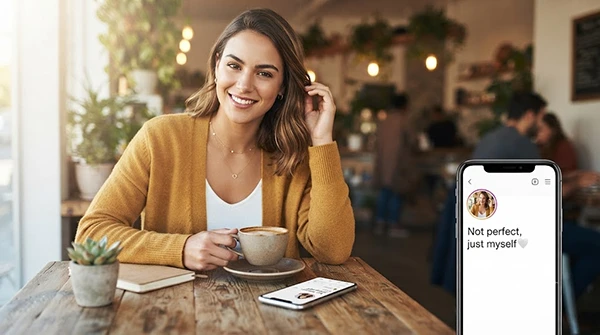 Instagram showing a cool girl sitting at a restaurant and using Insta.