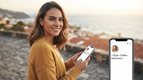 Instagram showing a stylish girl using social media at beach.