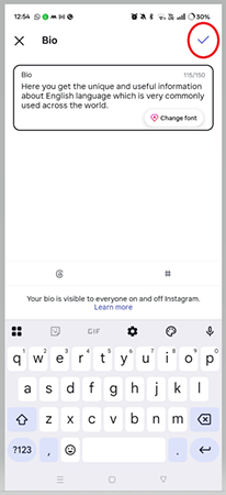 Instagram showing bio saving option.