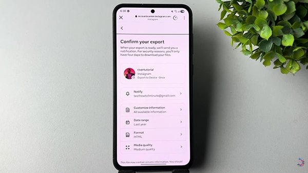 Instagram showing confirmation option to your export