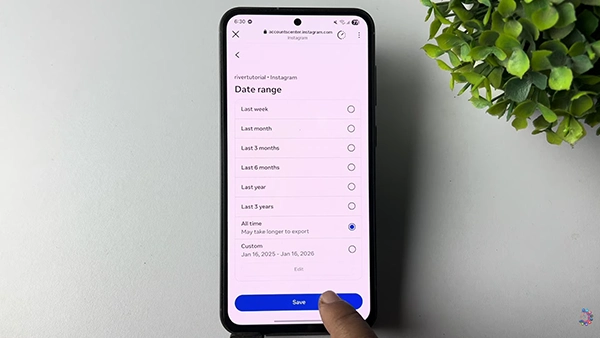 Instagram showing date range to export content