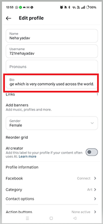 Instagram showing edit profile options
