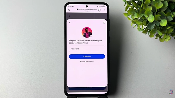 Instagram showing password pop for confirmation