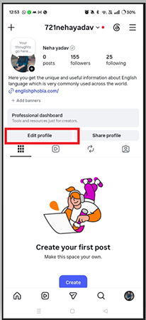 Instagram showing profile menu interface.
