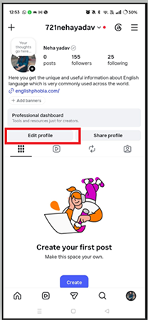 Instagram showing profile menu interface