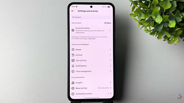 Instagram showing settings and activity menu