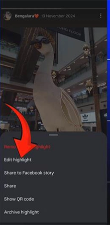 Instagram showing story highlight menu.&nbsp;