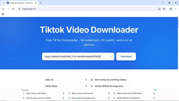 SnapTik showing browser interface