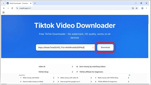 SnapTik showing download button.