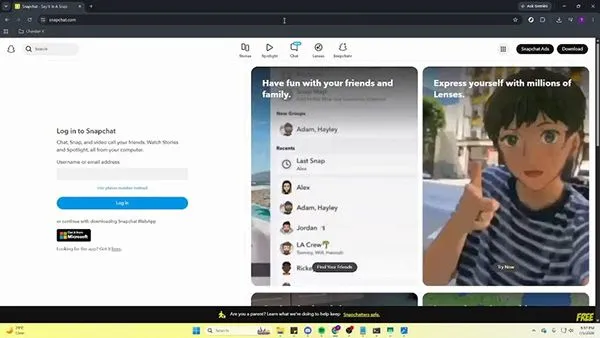 Snapchat showing a login window on browser
