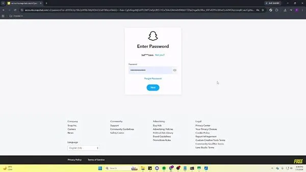 Snapchat showing a password entry window in a browser