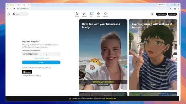 Snapchat showing login window