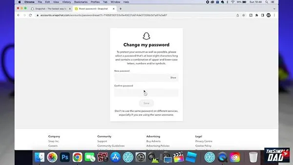 Snapchat showing password change window on browser
